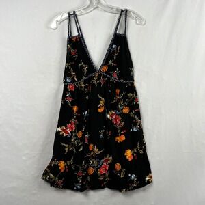 Band of Gypsies Floral Mini Dress XS Black V-Neck Boho Strappy Empire Waist